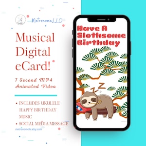Musical Animated Birthday Card, Sloth Instant Download Digital eCard, Ukulele Happy Birthday Song Textable Last Minute MP4 Video DIY Message