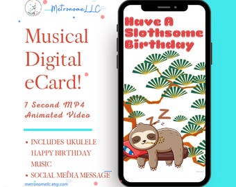 Musical Animated Birthday Card, Sloth Instant Download Digital eCard, Ukulele Happy Birthday Song Textable Last Minute MP4 Video DIY Message