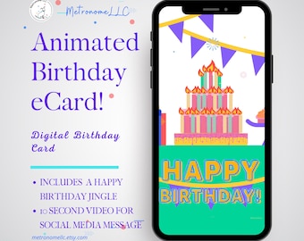 Musical Animated Birthday Card, Happy Birthday eCard, Instant Download, DIY Digital Gift, Social Media Message App, Virtual Flaming Cake