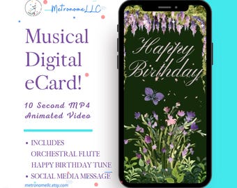 Musical Animated Birthday Card, Dark Cottage Core Floral for Her, Last Minute Digital eCard Gift, DIY Social Media Message, Orchestral Flute