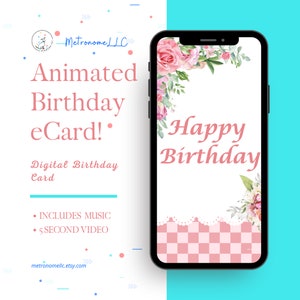 Happy Birthday Card For Her, Animated Watercolor Floral Bouquet eCard & Soft Classic Piano Music, Text Message App, Instant Download Gift