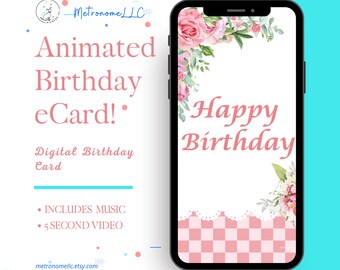 Happy Birthday Card For Her, Animated Watercolor Floral Bouquet eCard & Soft Classic Piano Music, Text Message App, Instant Download Gift
