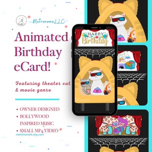 Happy Birthday Card, Cat Lover Digital Birthday eCard, Bollywood Inspired Music, Cat Meow, Animated Birthday e-Card, Instant Download