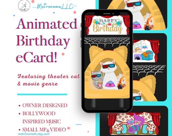 Happy Birthday Card, Cat Lover Digital Birthday eCard, Bollywood Inspired Music, Cat Meow, Animated Birthday e-Card, Instant Download