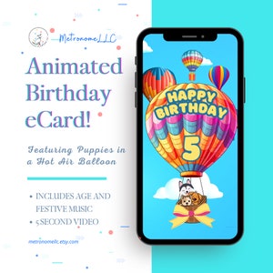 5th Birthday Card, Animated Birthday Card, Kid Musical Digital eCard, Instant Download, Puppy Hot Air Balloon, DIY Social Media / Text App