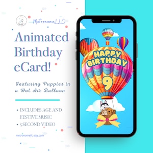 9th Birthday Card, Animated Birthday Card, Kid Musical Digital eCard, Instant Download, Puppy Hot Air Balloon, DIY Social Media / Text App