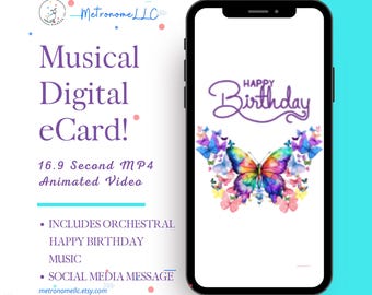 Musical Animated Birthday Card For Her, Butterfly Flute Happy Birthday Song, DIY Social Media Message App eCard, Girl Instant Download Gift