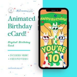 10th Birthday Card, Wacky Giraffe Animated Birthday eCard, Kids Digital Birthday Card & Birthday Song, DIY Social Media or Message App Gift