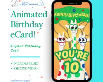 10th Birthday Card, Wacky Giraffe Animated Birthday eCard, Kids Digital Birthday Card & Birthday Song, DIY Social Media or Message App Gift