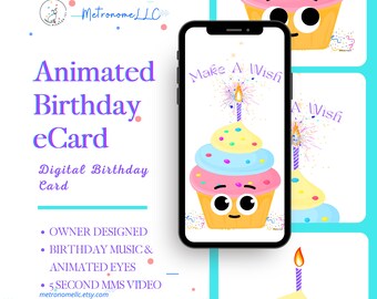 Musical Cupcake Wish Animated Birthday Card, Instant Download Digital Birthday eCard, Happy Birthday Song, Last Minute Gift, Floating Stars