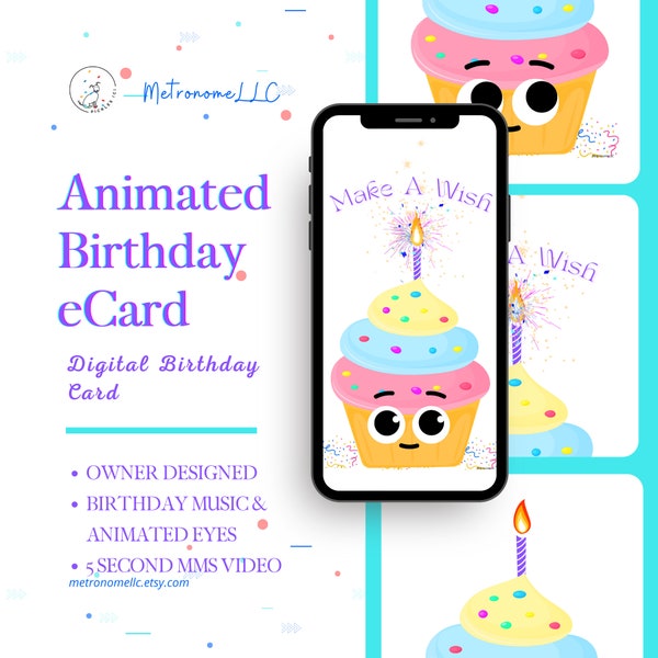 Musical Cupcake Wish Animated Birthday Card, Instant Download Digital Birthday eCard, Happy Birthday Song, Last Minute Gift, Floating Stars