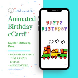 Happy Birthday Card For Kids, Musical Animated eCard & Train Sound Effects, Instant Download, Textable Digital DIY Last Minute Gift