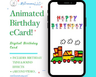 Happy Birthday Card For Kids, Musical Animated eCard & Train Sound Effects, Instant Download, Textable Digital DIY Last Minute Gift
