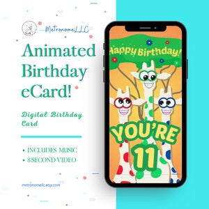 11th Birthday Card, Wacky Giraffe Animated Birthday eCard, Kids Digital Birthday Card & Birthday Song, DIY Social Media or Message App Gift