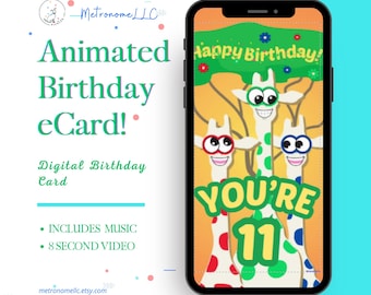 11th Birthday Card, Wacky Giraffe Animated Birthday eCard, Kids Digital Birthday Card & Birthday Song, DIY Social Media or Message App Gift