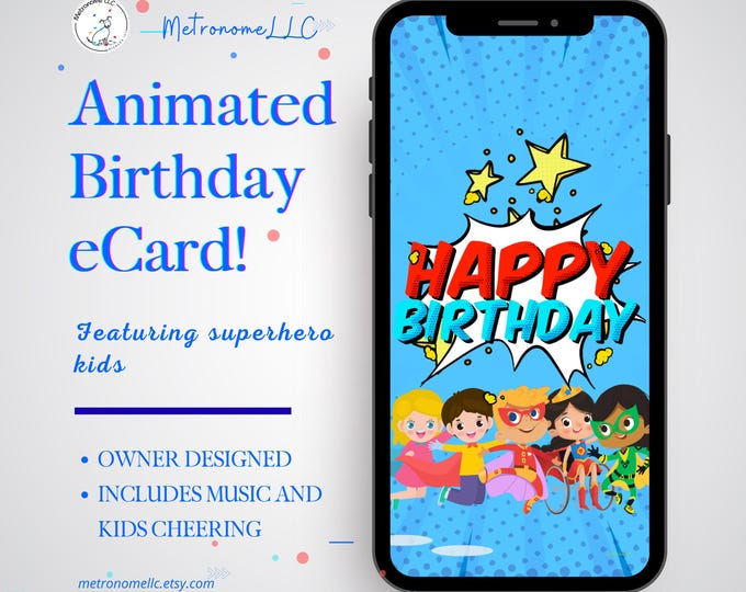 Featured listing image: Kid Happy Birthday Card with Comic Superhero Design, eCard Birthday Card, Comic Superhero Birthday, Festive Music, Children Cheering, Gift