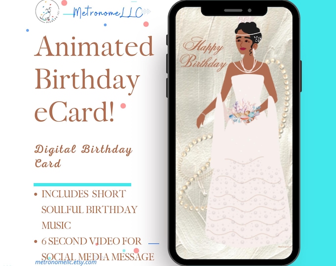 Featured listing image: Musical Animated Birthday Card, Happy Birthday eCard, Last Minute DIY Instant Download African American Socialite Social Media Message Gift