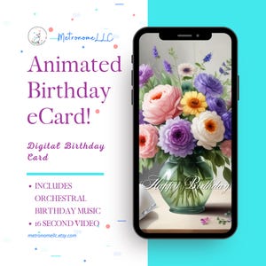Musical Animated Birthday Card, Digital Birthday eCard & Orchestral Happy Birthday Music, Last Minute Gift, Floral Social Media Message