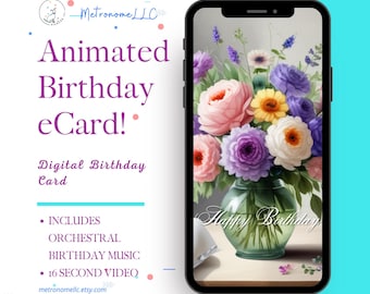 Musical Animated Birthday Card, Digital Birthday eCard & Orchestral Happy Birthday Music, Last Minute Gift, Floral Social Media Message