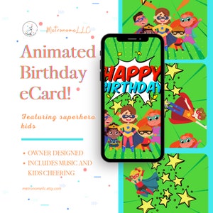 Kids Animated Birthday Card with Comic Superhero Design, eCard Birthday Card, Comic Superhero Birthday, Festive Music and Children Cheering