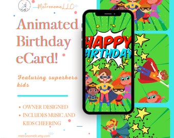 Kids Animated Birthday Card with Comic Superhero Design, eCard Birthday Card, Comic Superhero Birthday, Festive Music and Children Cheering