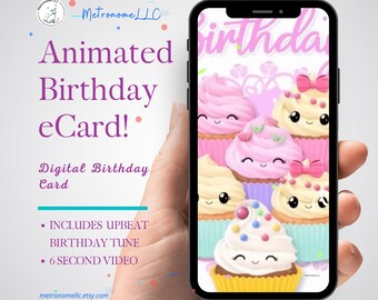 Musical Animated Birthday Card, Digital Birthday eCard & Upbeat Happy Birthday Tune, DIY Last Minute Gift, Cupcake Social Media Msg e-Card