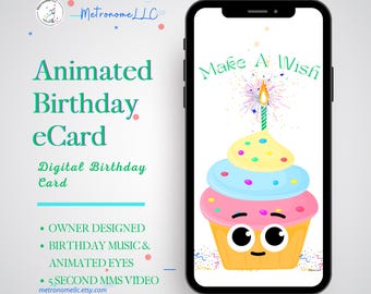 Musical Cupcake Wish Animated Birthday Card, Instant Download Digital Birthday eCard, Happy Birthday Song, Last Minute Gift, Text App