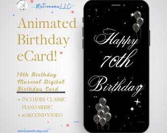 70th Birthday Card, Balloon Musical Animated Birthday e-Card & Classical Music, Last Minute Digital Download eCard Birthday Card Gift
