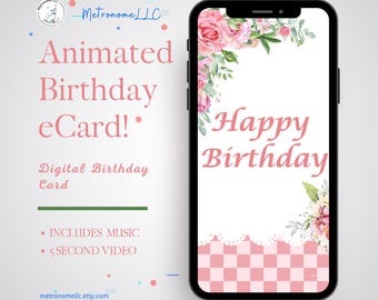 Happy Birthday Card For Her, Animated Watercolor Floral Bouquet eCard & Soft Classic Piano Music, Text Message App, Instant Download Gift