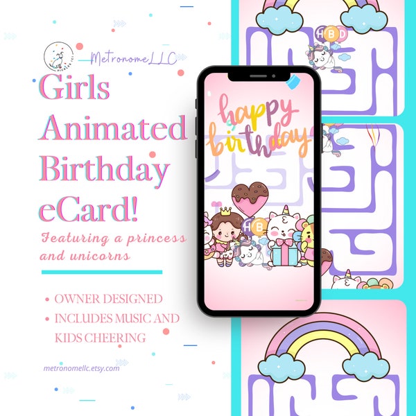 Animated Birthday Card, Digital Princess Wish Birthday eCard, Fun Music SMS Video Birthday e-Card, Musical Last Minute Instant Download Gift