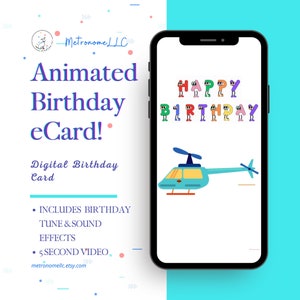 Birthday Card For Kid, Musical Animated Happy Birthday Helicopter Sound Effect, Textable Instant Download Digital eCard DIY Last Minute Gift
