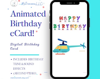 Birthday Card For Kid, Musical Animated Happy Birthday Helicopter Sound Effect, Textable Instant Download Digital eCard DIY Last Minute Gift