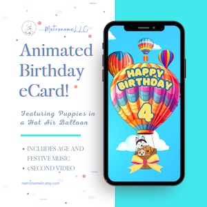 4th Birthday Card, Animated Birthday Card, Kid Musical Digital eCard, Instant Download, Puppy Hot Air Balloon, DIY Social Media / Text App