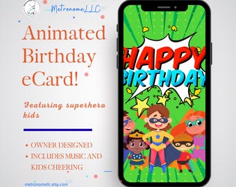 Kids Animated Birthday Card with Comic Superhero Design, eCard Birthday Card, Comic Superhero Birthday, Festive Music and Children Cheering