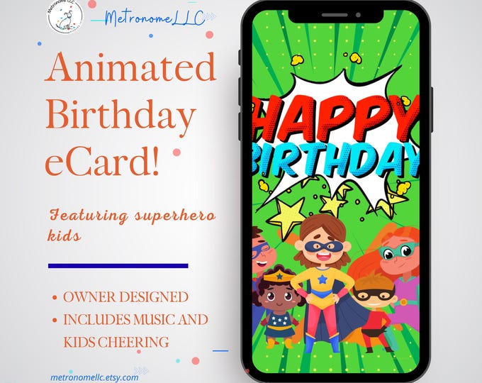 Featured listing image: Kids Animated Birthday Card with Comic Superhero Design, eCard Birthday Card, Comic Superhero Birthday, Festive Music and Children Cheering