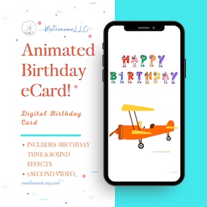 Kid Birthday Card With Airplane, Musical Animated eCard & Sound Effects! Instant Download, Digital Happy Birthday Last Minute Gift, DIY Text