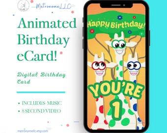 1st Birthday Card, Wacky Giraffe Animated Birthday eCard, Kids Digital Birthday Card & Birthday Song, DIY Social Media or Message App Gift