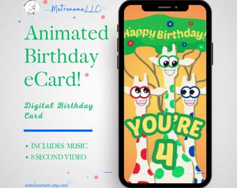 4th Birthday Card, Wacky Giraffe Animated Birthday eCard, Kids Digital Birthday Card & Birthday Song, DIY Social Media or Message App Gift