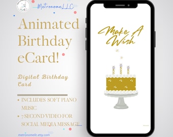 Musical Animated Birthday Card, Gold Happy Birthday e-Card & Soft Piano, Instant Download Digital Last Minute Gift, DIY Social Media Message