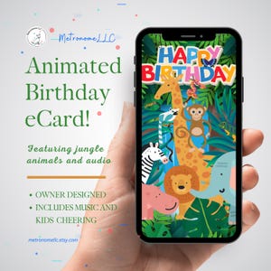 Kids Animated Birthday e-Card, Safari Jungle Animals, Peaceful Music & Children Cheering Happy Birthday, Social Media Message 4K Video Gift