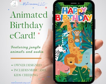 Kids Animated Birthday e-Card, Safari Jungle Animals, Peaceful Music & Children Cheering Happy Birthday, Social Media Message 4K Video Gift
