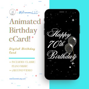 70th Birthday Card, eCard Birthday Card, Balloon Musical Animated Birthday Card & Classic Piano Music, Last Minute Instant Download Gift