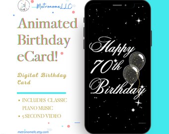 70th Birthday Card, eCard Birthday Card, Balloon Musical Animated Birthday Card & Classic Piano Music, Last Minute Instant Download Gift