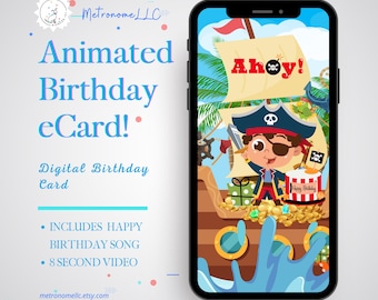 Kids Birthday Cards, Musical Animated Pirate Ship Card, Happy Birthday Song, Instant Download DIY Social Media Message Last Minute Gift