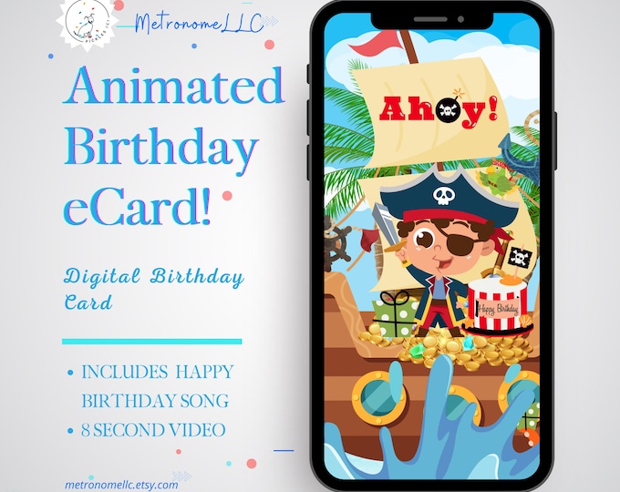 Featured listing image: Kids Birthday Cards, Musical Animated Pirate Ship Card, Happy Birthday Song, Instant Download DIY Social Media Message Last Minute Gift