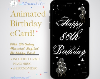 80th Birthday Card, Balloon Musical Animated Birthday e-Card & Classic Piano Music, Last Minute Digital Download eCard Birthday Card Gift