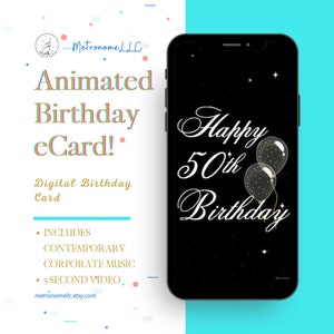 50th Birthday Card, eCard Birthday Card,  Balloon Musical Animated Birthday Card & Contemporary Music, Last Minute Instant Download Gift