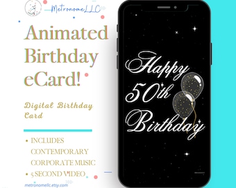 50th Birthday Card, eCard Birthday Card,  Balloon Musical Animated Birthday Card & Contemporary Music, Last Minute Instant Download Gift
