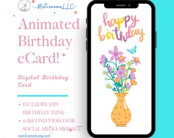 Musical Animated Birthday Card, Flowers eCard Fun Birthday Tune, Last Minute DIY Instant Download Gift, Social Media Message, Cute Butterfly