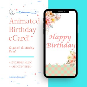 Happy Birthday Card For Her, Animated Watercolor Floral Bouquet eCard & Soft Classic Piano Music, Text Message App, Instant Download Gift